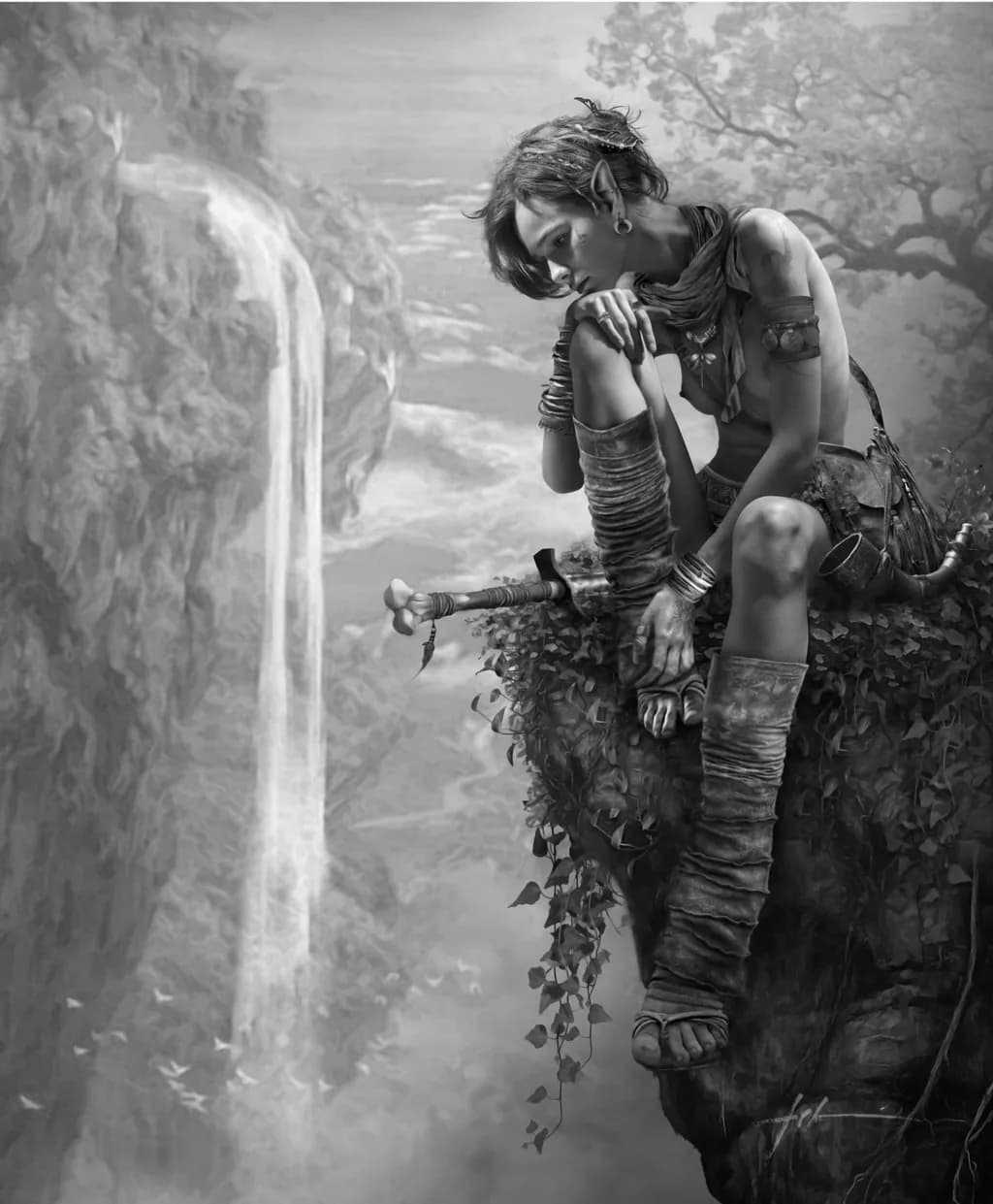Whispers of the Abyss: A Solitary Guardian's Reflection by the Waterfall