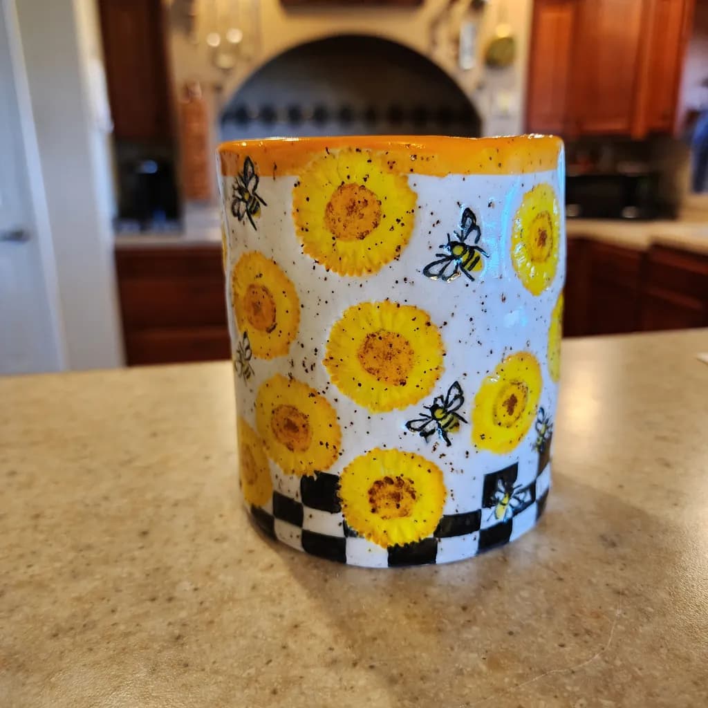 Vibrant Sunflower and Bee Handcrafted Mug: A Colorful Floral Delight for Your Morning Brew