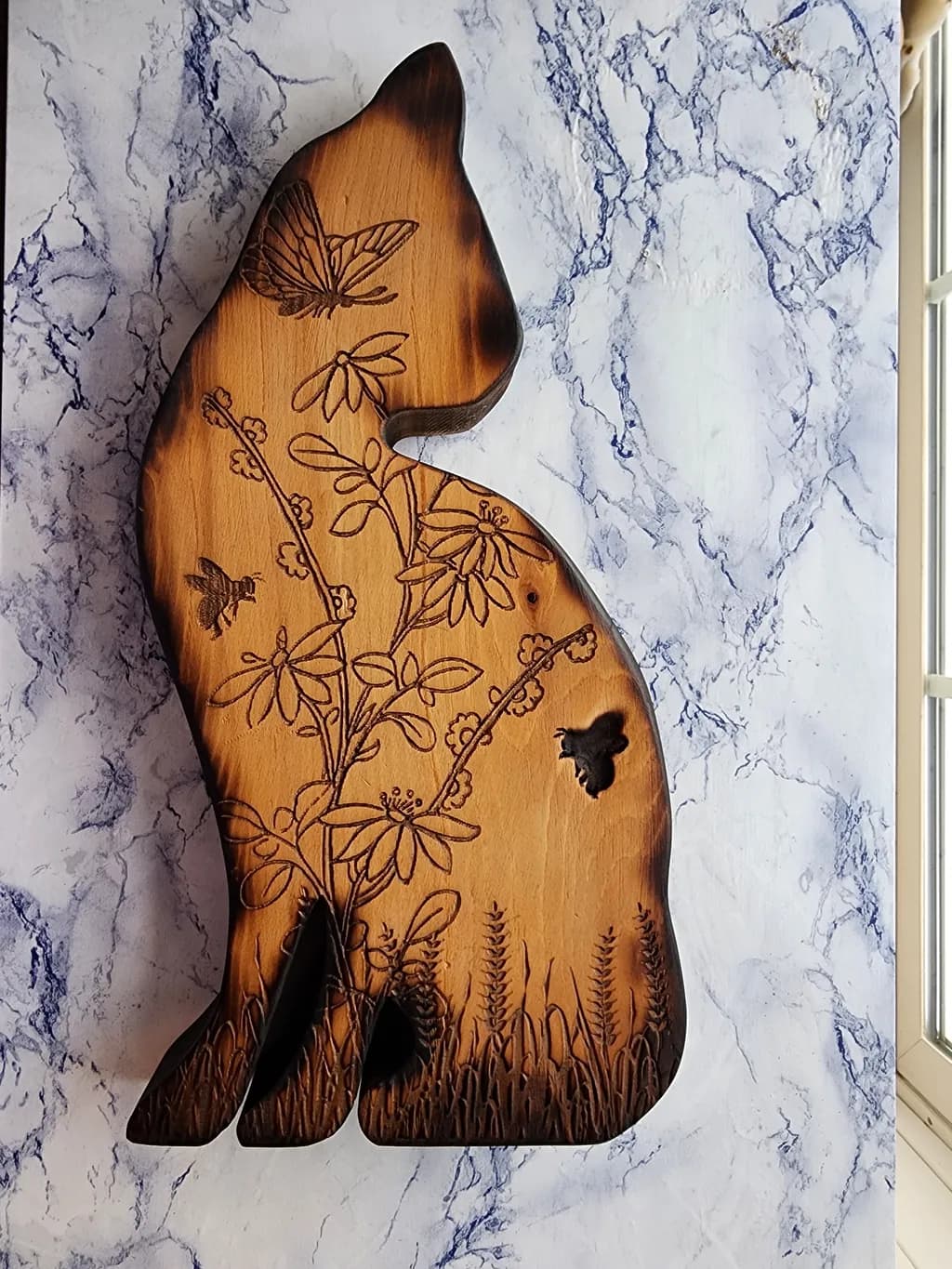 Whimsical Whiskers: A Handcrafted Wooden Cat Embracing Nature's Beauty with Butterflies and Blooms
