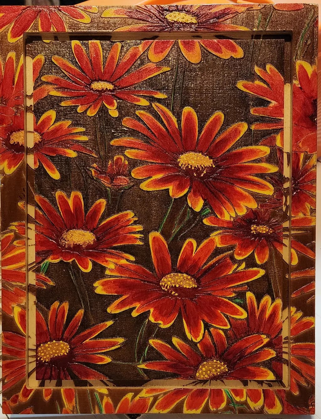 Vibrant Blooms: A Dance of Red Daisies on Rustic Wood