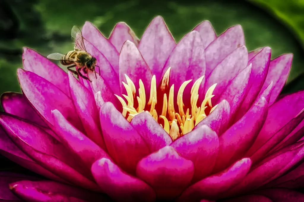 Whispers of Nature: A Bee's Embrace on a Vibrant Water Lily