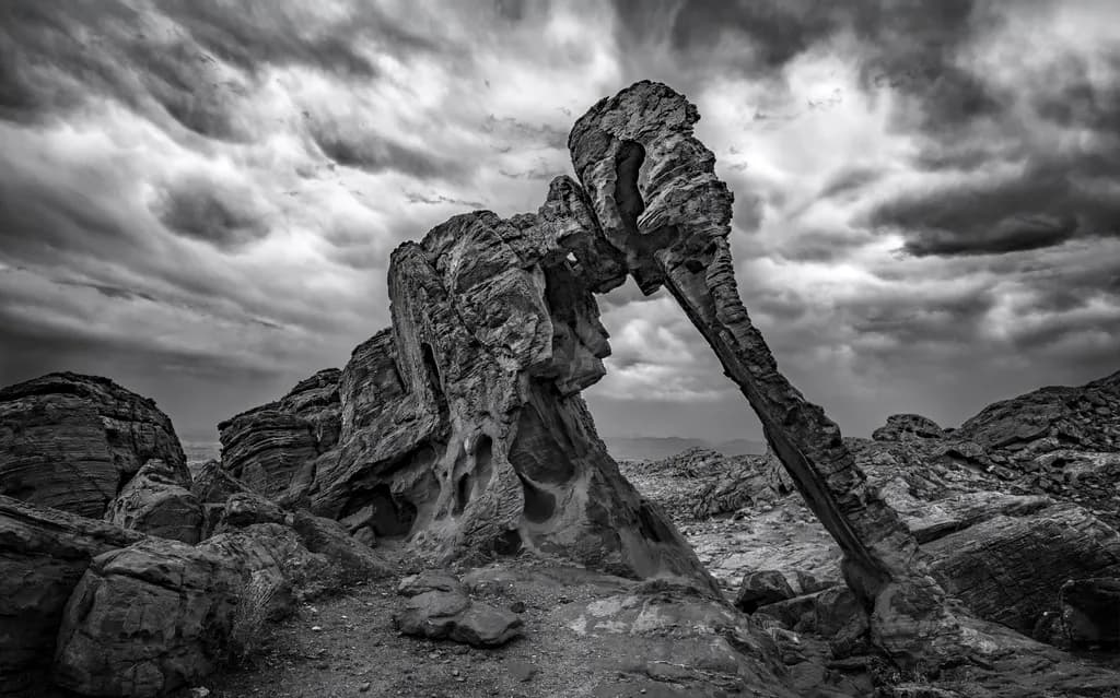 Ethereal Monochrome: The Elephant Rock Beneath Stormy Skies