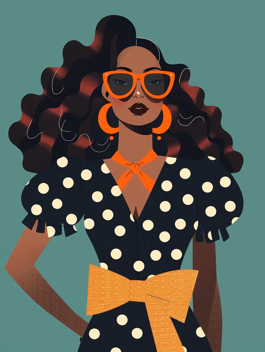 Chic Elegance: A Glamorous Polka-Dot Fashion Illustration with Bold Accessories