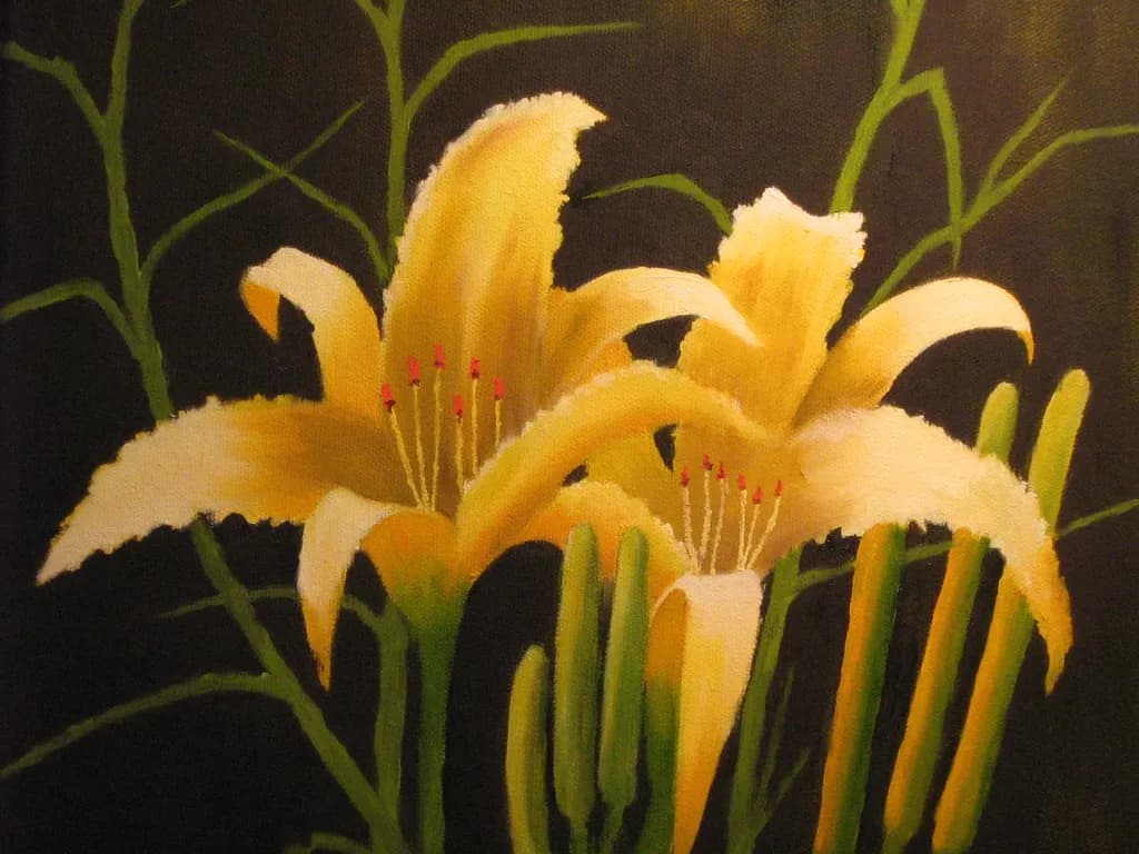 Golden Lilies in Bloom: A Captivating Floral Canvas on Black Background