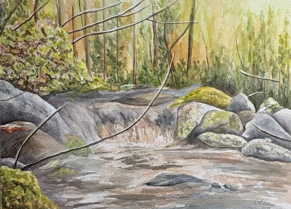 Whispers of the Stream: A Serene Watercolor Journey Through Nature's Embrace