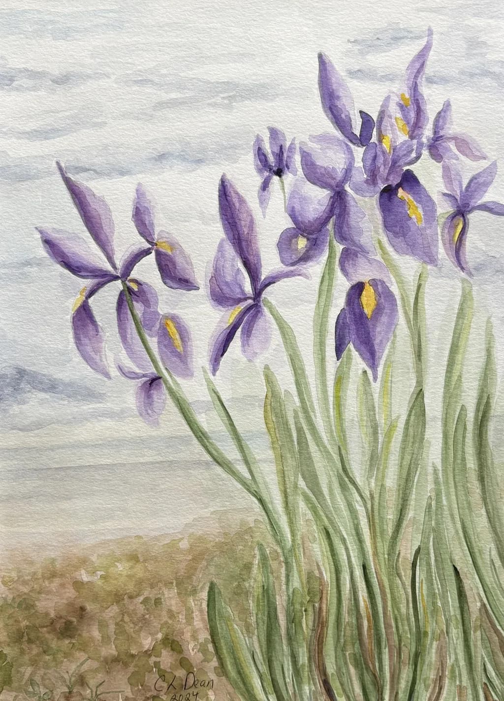 Whispers of Spring: A Serene Watercolor of Purple Irises in Bloom
