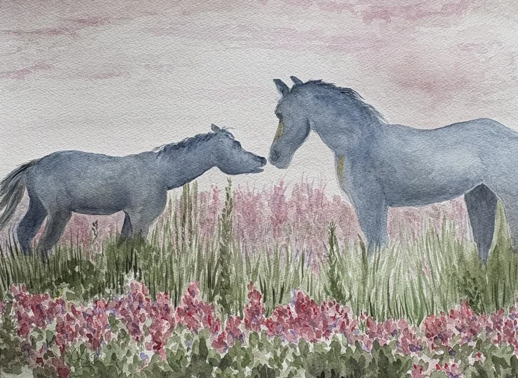 Whispers of the Meadow: A Serene Encounter Between Horses and Blossoms