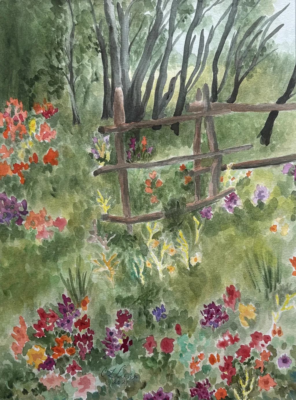 Whispers of Nature: A Watercolor Journey Through Vibrant Blooms and Rustic Fences