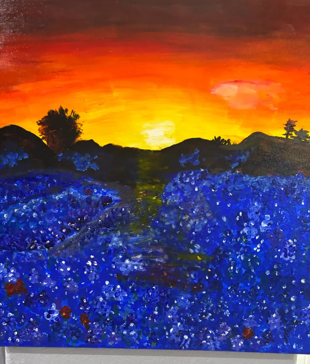 "Sunset Over Blue Fields: A Journey Through Color and Light"