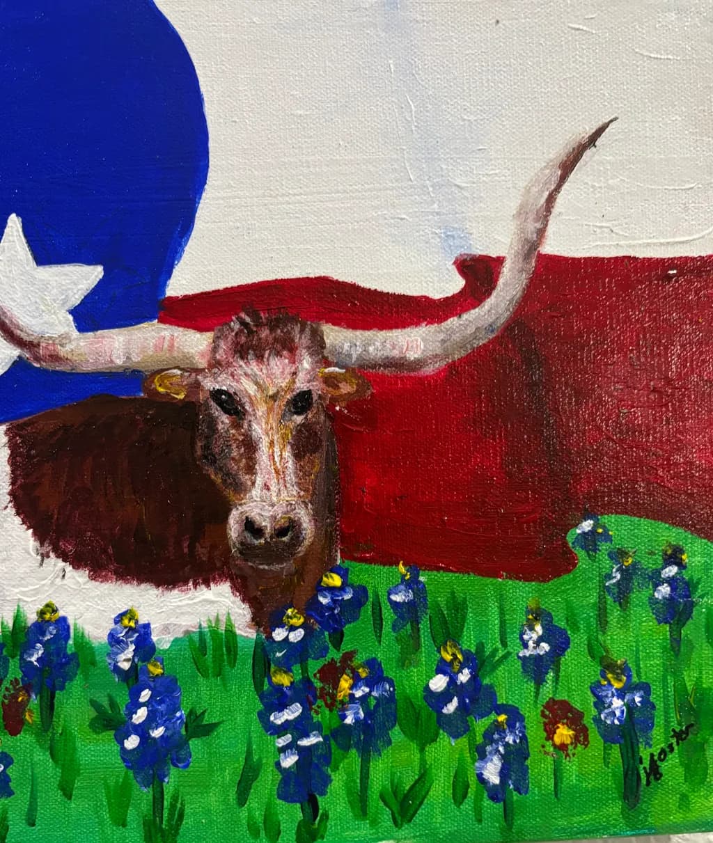 "Texas Heritage: A Longhorn's Embrace Among Bluebonnets"