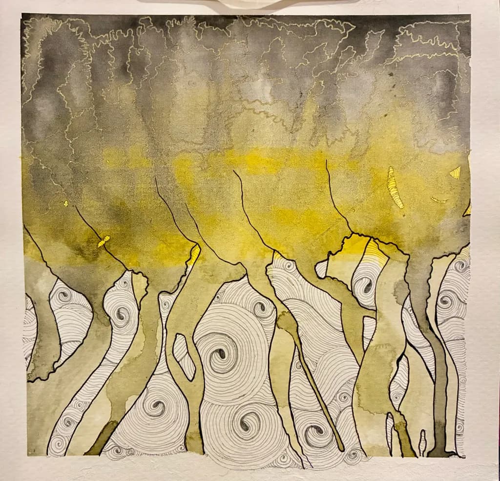 Whispers of Nature: A Dance of Shadows and Swirls in Yellow and Gray