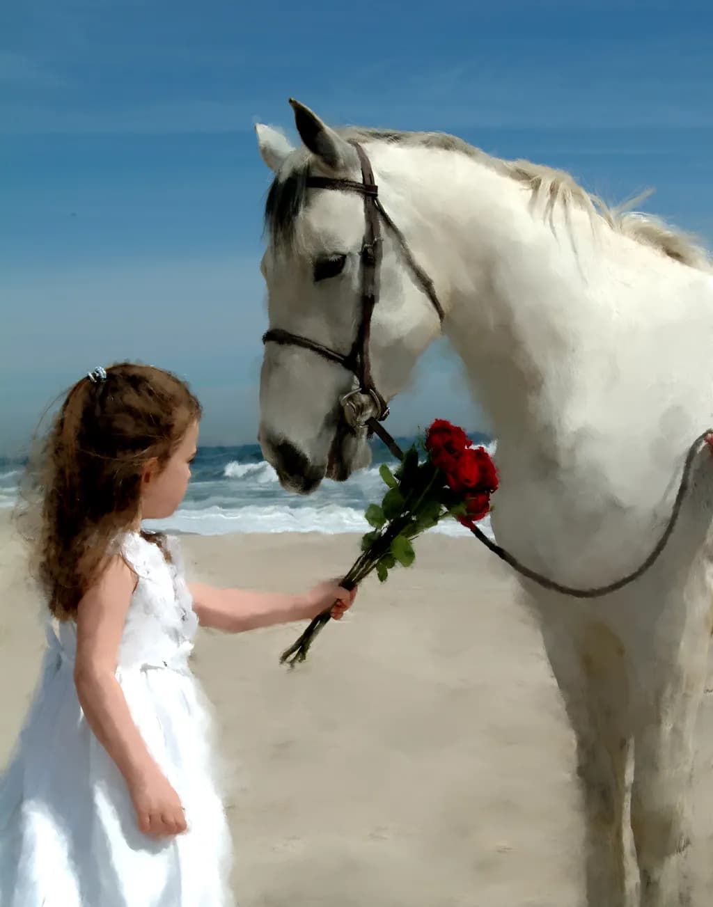 Whispers of Innocence: A Child's Gift to a Majestic Horse by the Shore