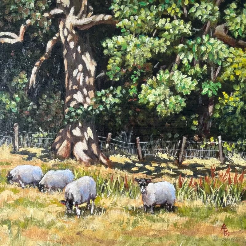 Whispers of Tranquility: A Pastoral Scene with Grazing Sheep and Lush Greenery