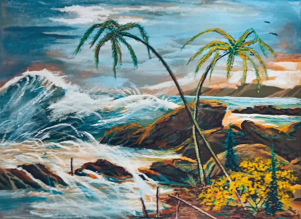 Tropical Serenity: Waves and Palms at Sunset Over Rocky Shores