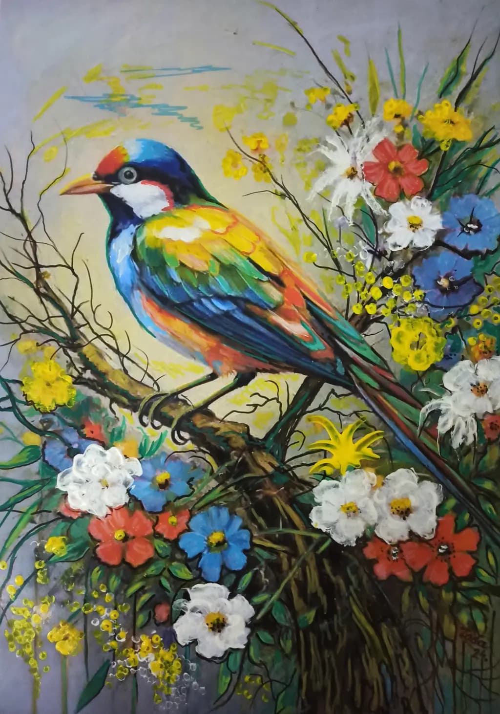 Vibrant Harmony: A Colorful Bird Amidst Blossoming Florals