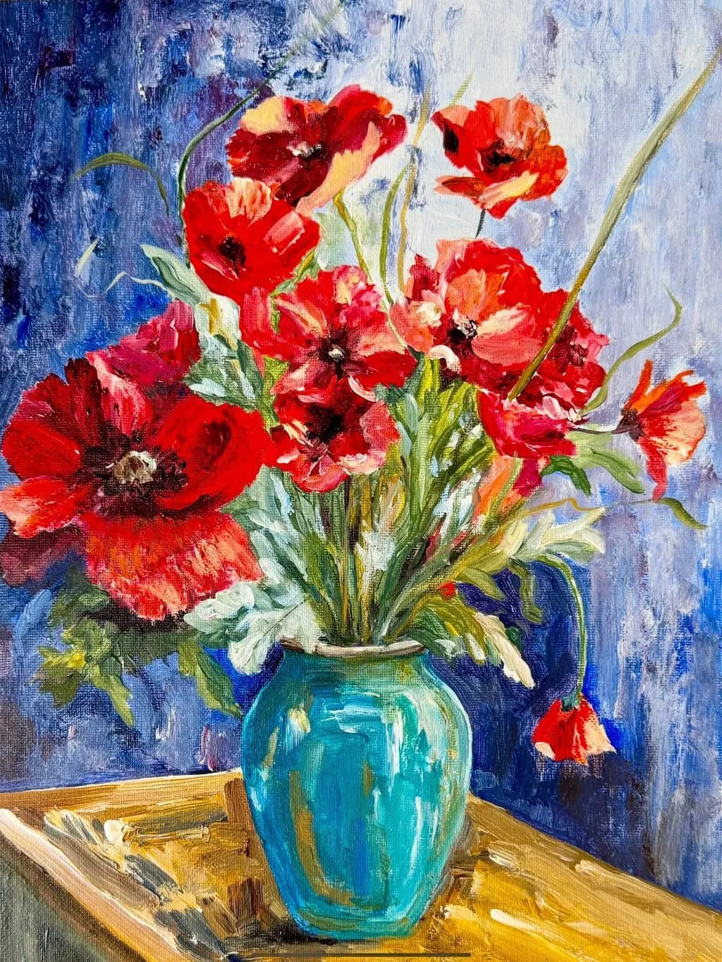 Poppies in Blue Vase