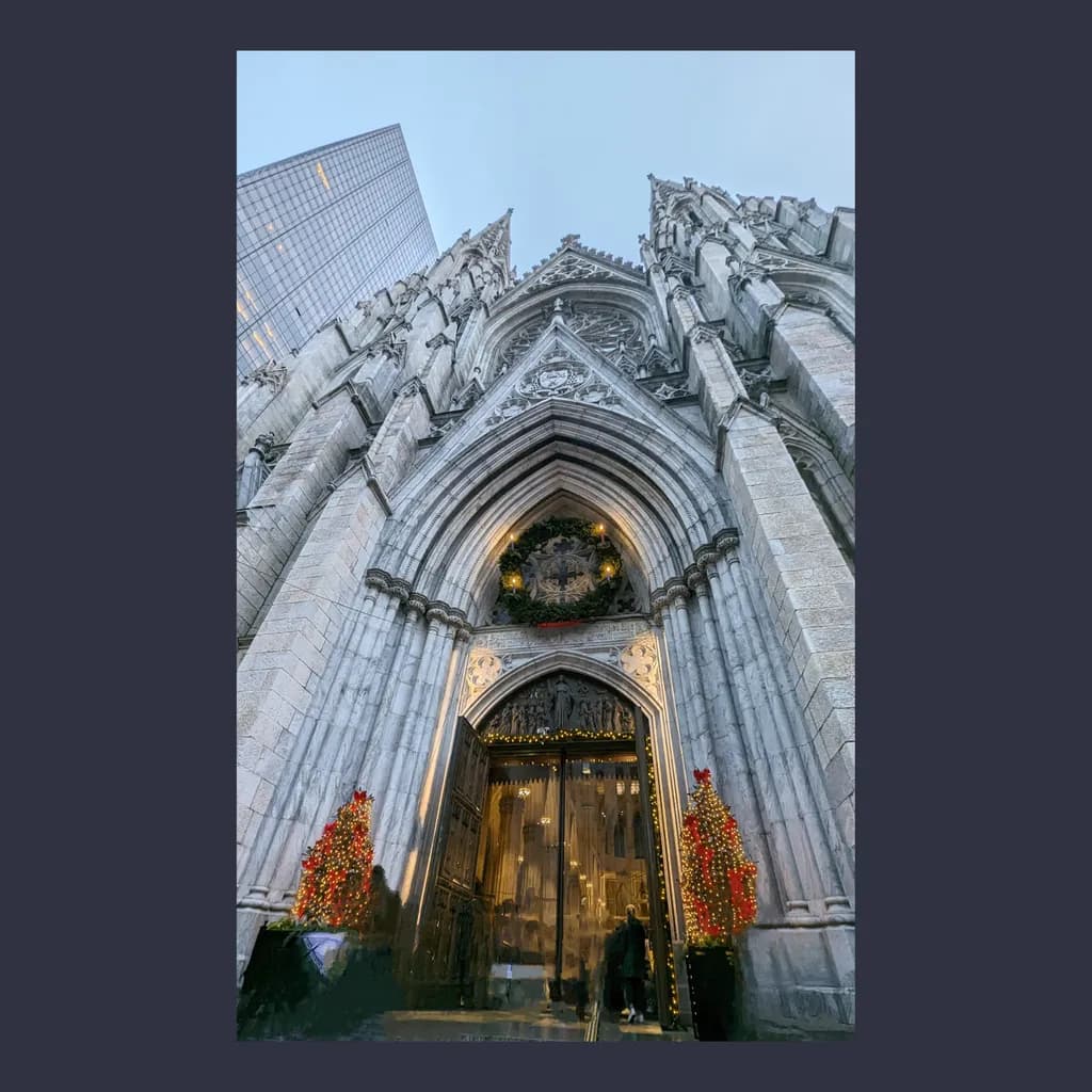 Majestic Cathedral Entrance: A Holiday Cityscape in Architectural Splendor