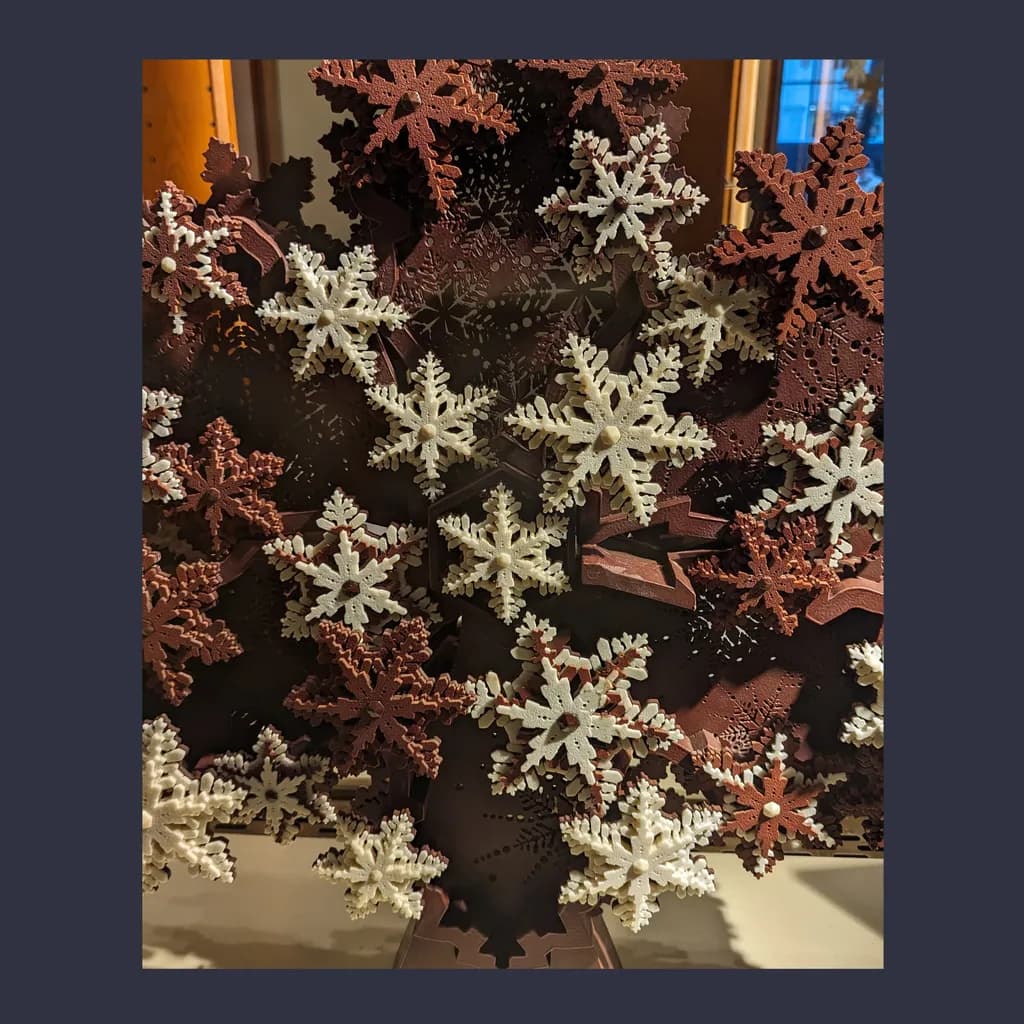 Whimsical Winter Wonderland: A Festive Display of Ornamental Snowflakes in Intricate Craftsmanship