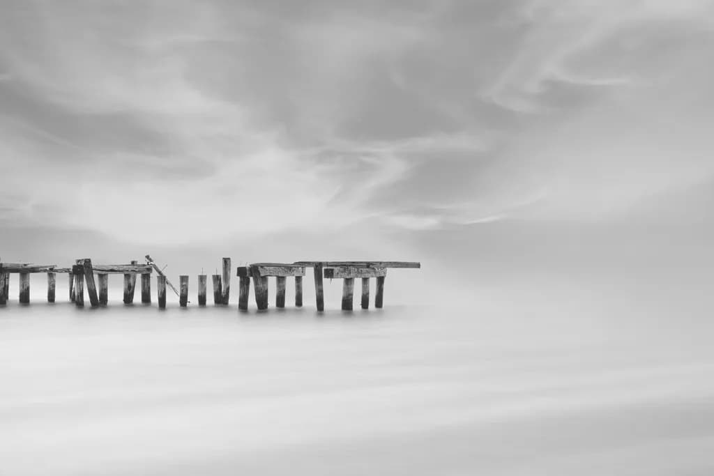 Whispers of Abandonment: A Serene Monochrome Pier in Tranquil Waters