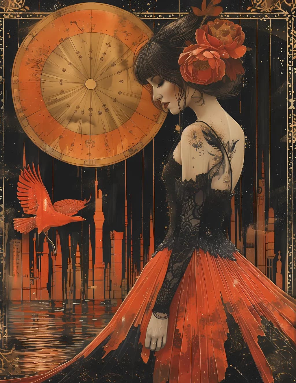 Mystical Elegance: A Vibrant Decoupage Art Print of Serene Beauty and Dramatic Flair