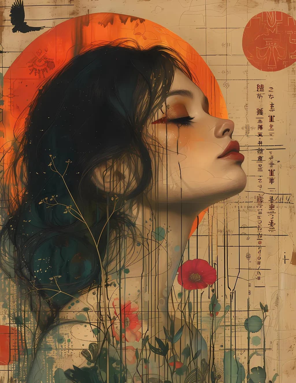 Ethereal Portrait: Serene Floral Decoupage Art Print with Abstract Elements