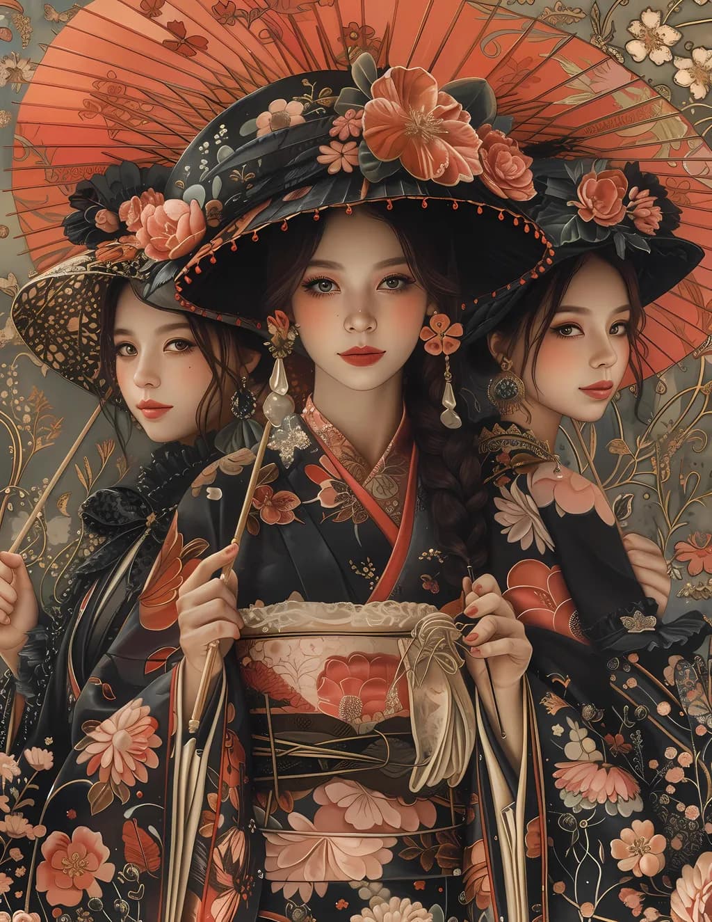 Elegant Floral Harmony: Traditional Decoupage Art Print Featuring Graceful Figures in Ornate Attire