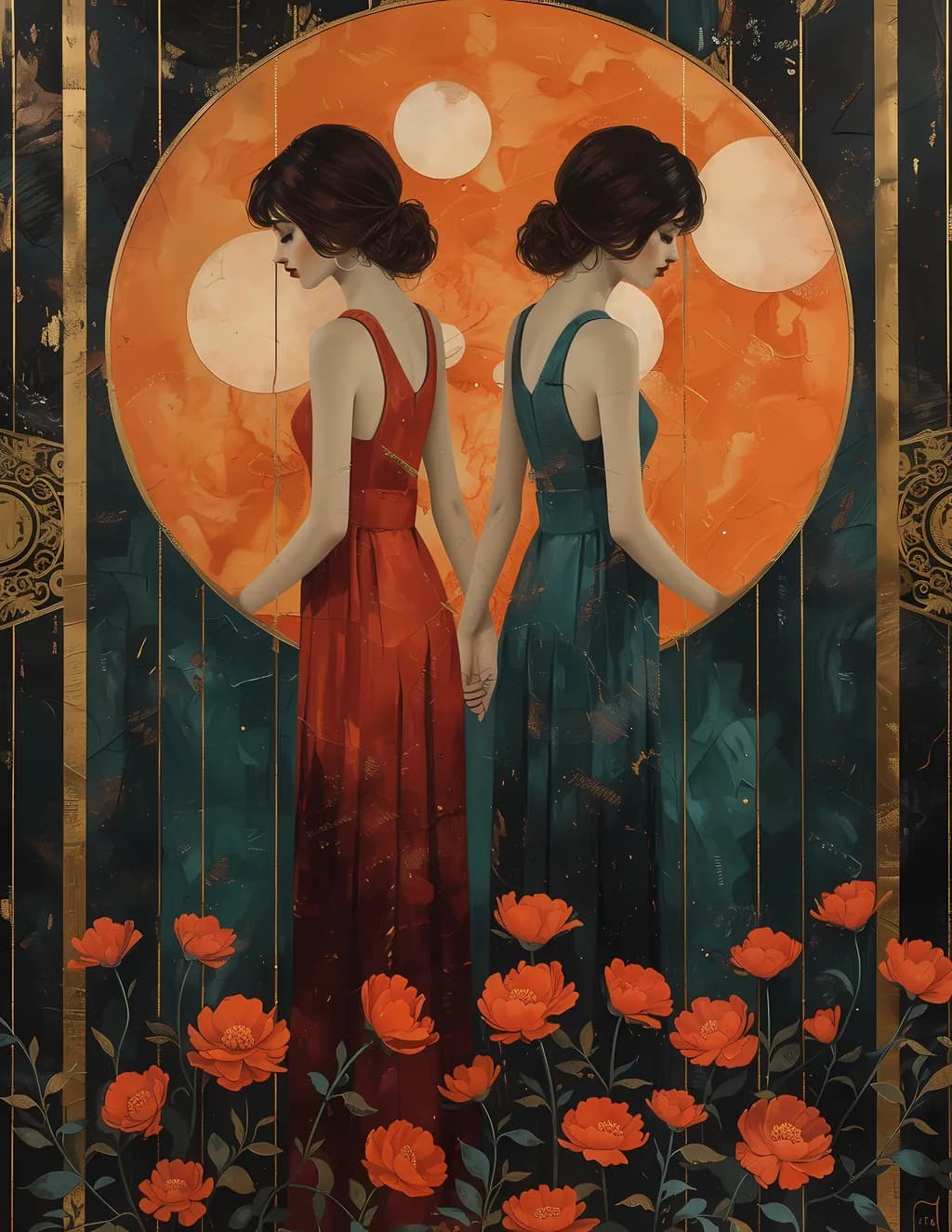 Whimsical Elegance: Floral Duo Art Print with Striking Contrast and Graceful Charm