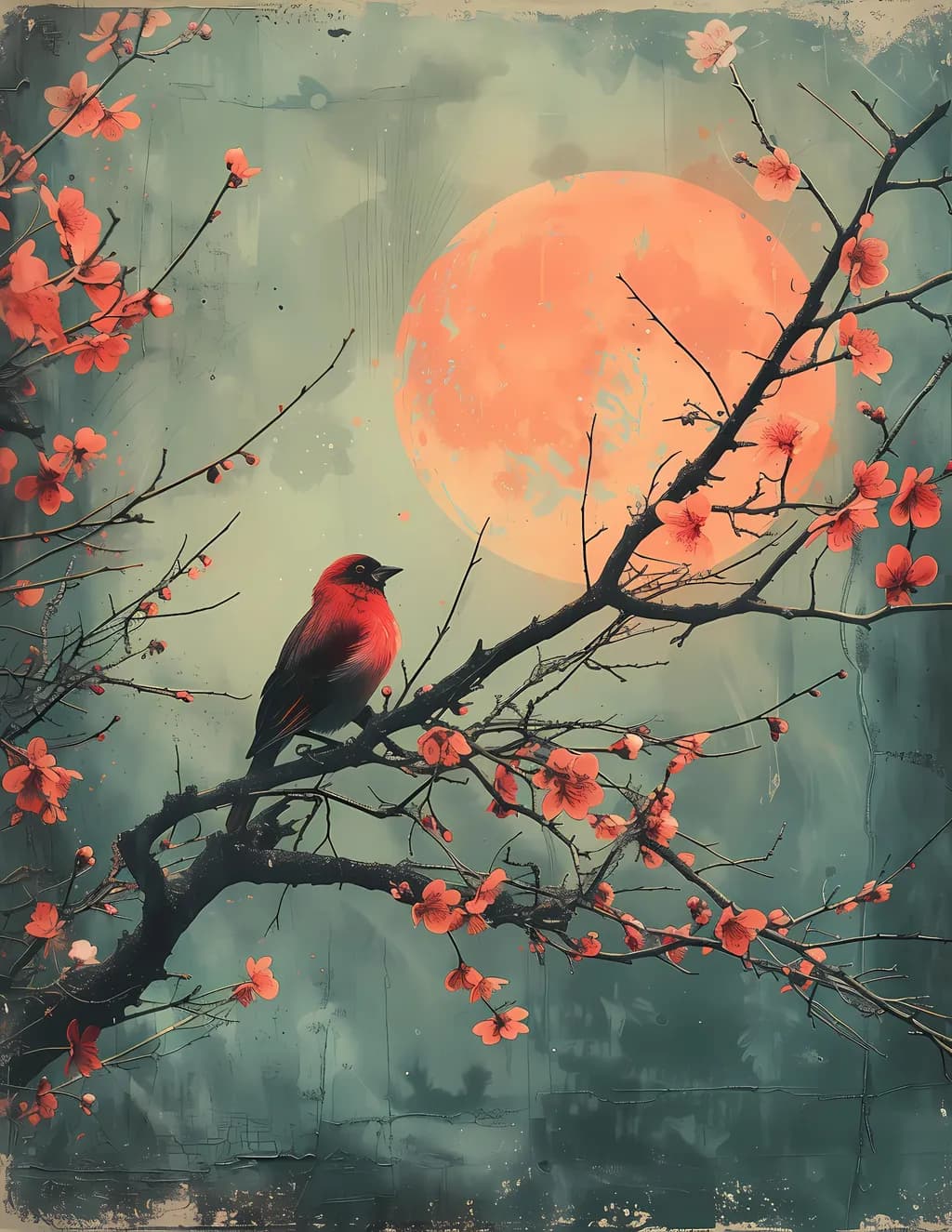 Moonlit Serenade: A Bird's Reflection Among Blossoms and Branches in Decoupage Art Print