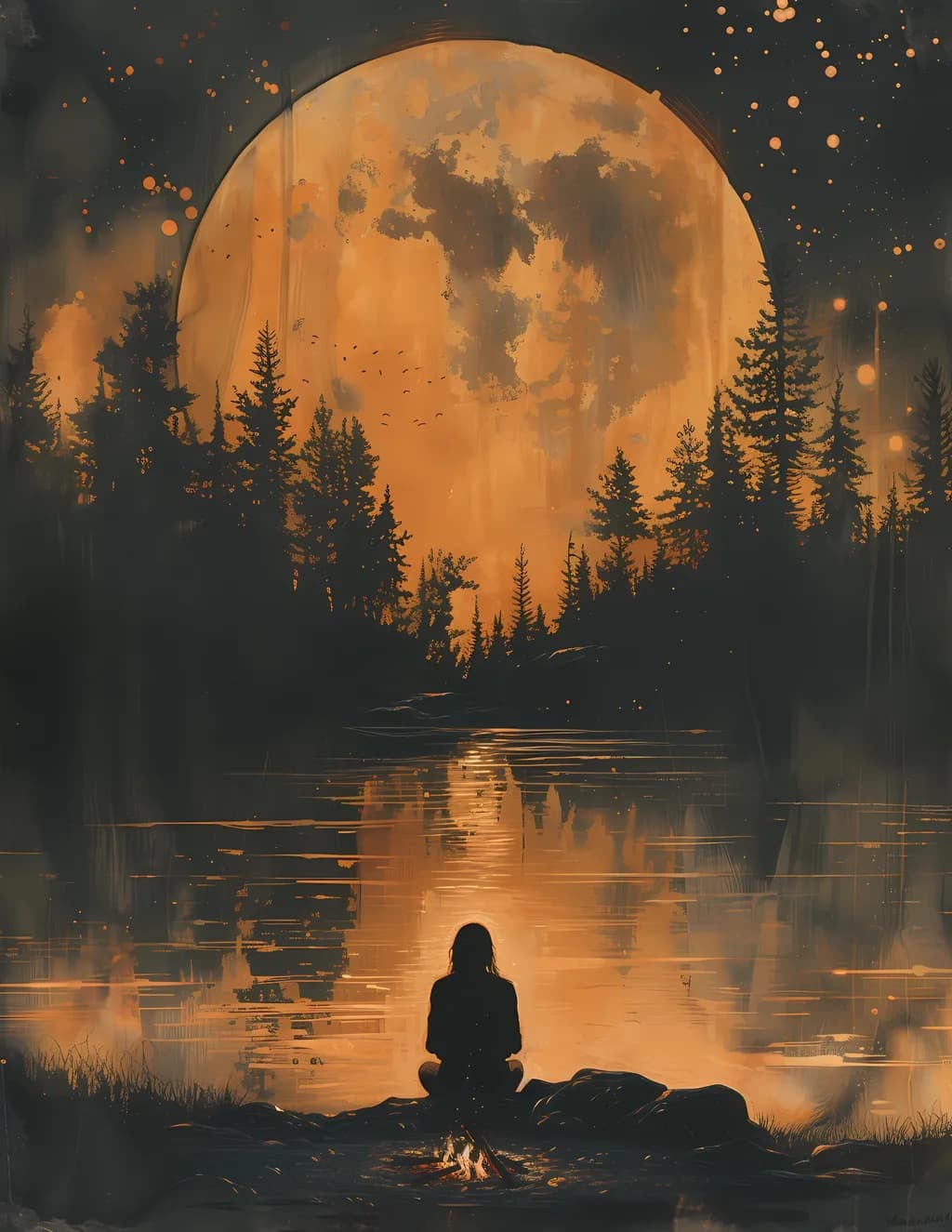 Moonlit Reflections: A Serene Journey Through Nature's Firelight