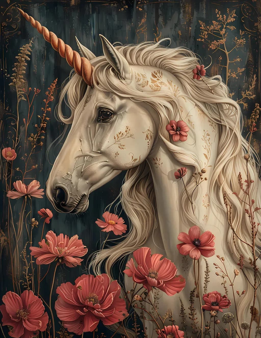 Whimsical Unicorn Elegance: A Magical Floral Decoupage Art Print