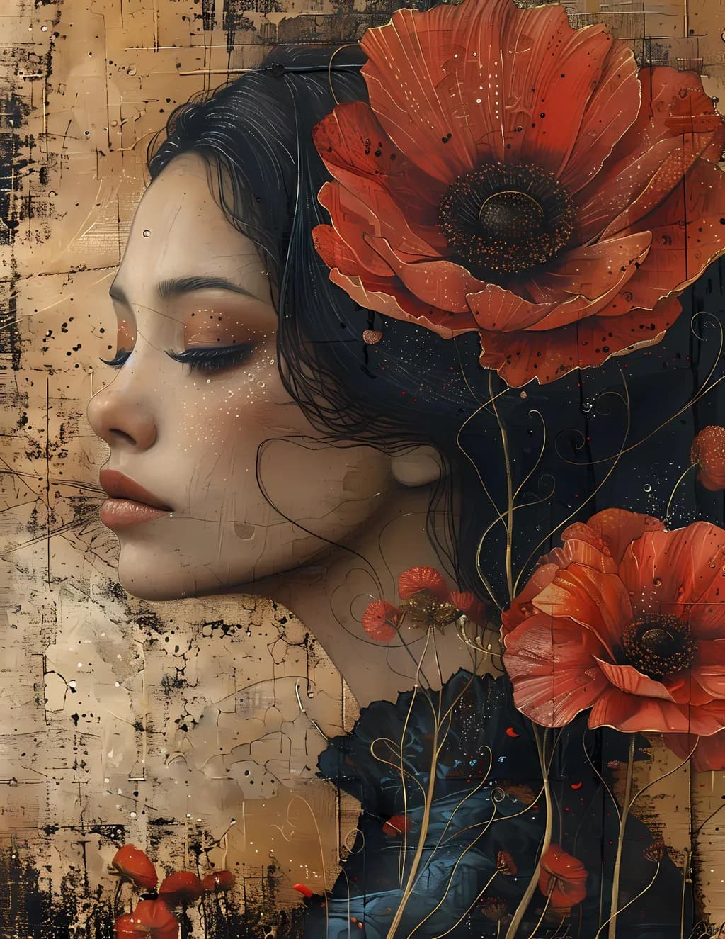 Whispers of Nature: A Decoupage Art Print Featuring a Serene Portrait with Vibrant Poppies