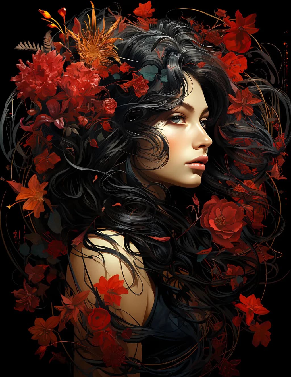 Whimsical Floral Portrait: A Decoupage Art Print Celebrating Beauty and Contrast
