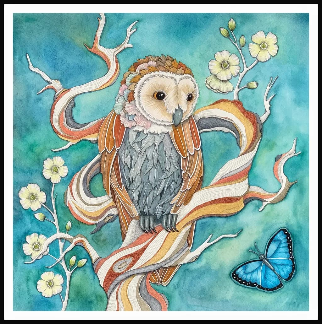 Whimsical Wisdom: An Owl's Journey Through Nature's Palette