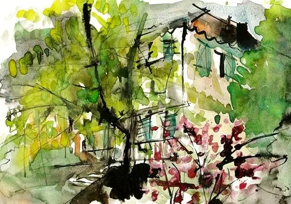 Whispers of Nature: A Serene Watercolor Landscape with Blossoming Flowers and Lush Greenery