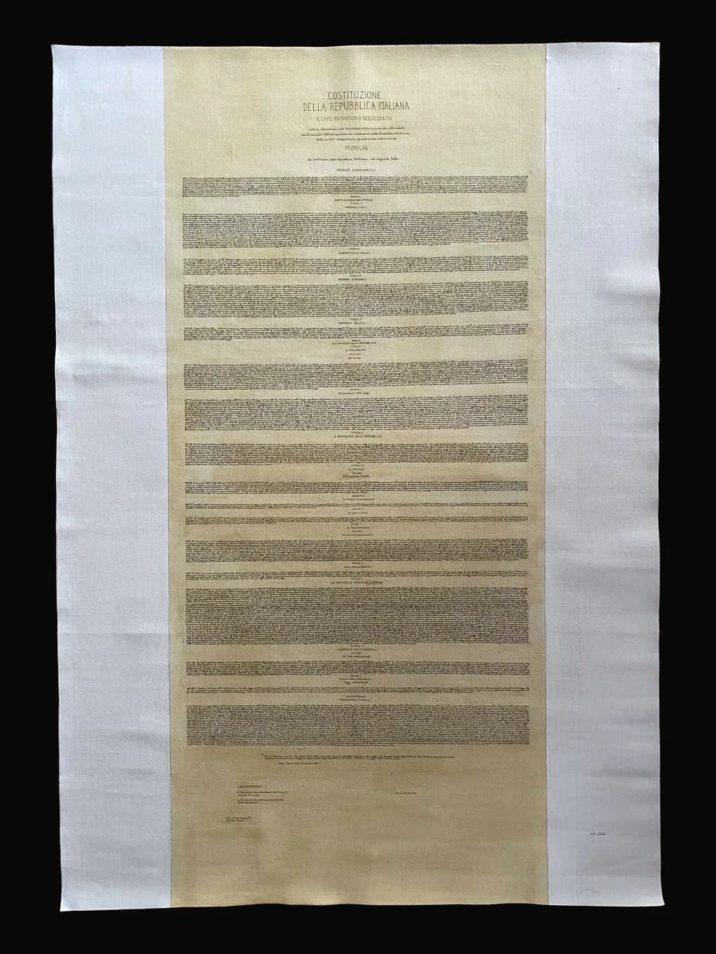 Italian Constitution, transcribed by hand on canvas (70x100 cm)