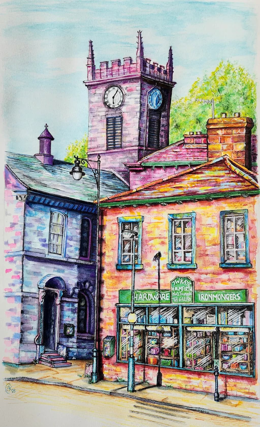 Charming Village Vibes: A Colorful Clocktower and Storefront Scene