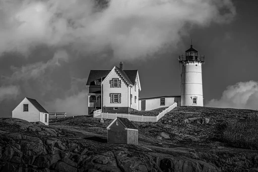 Nubble Light - Coastal Sentinel in Monochrome - York Maine