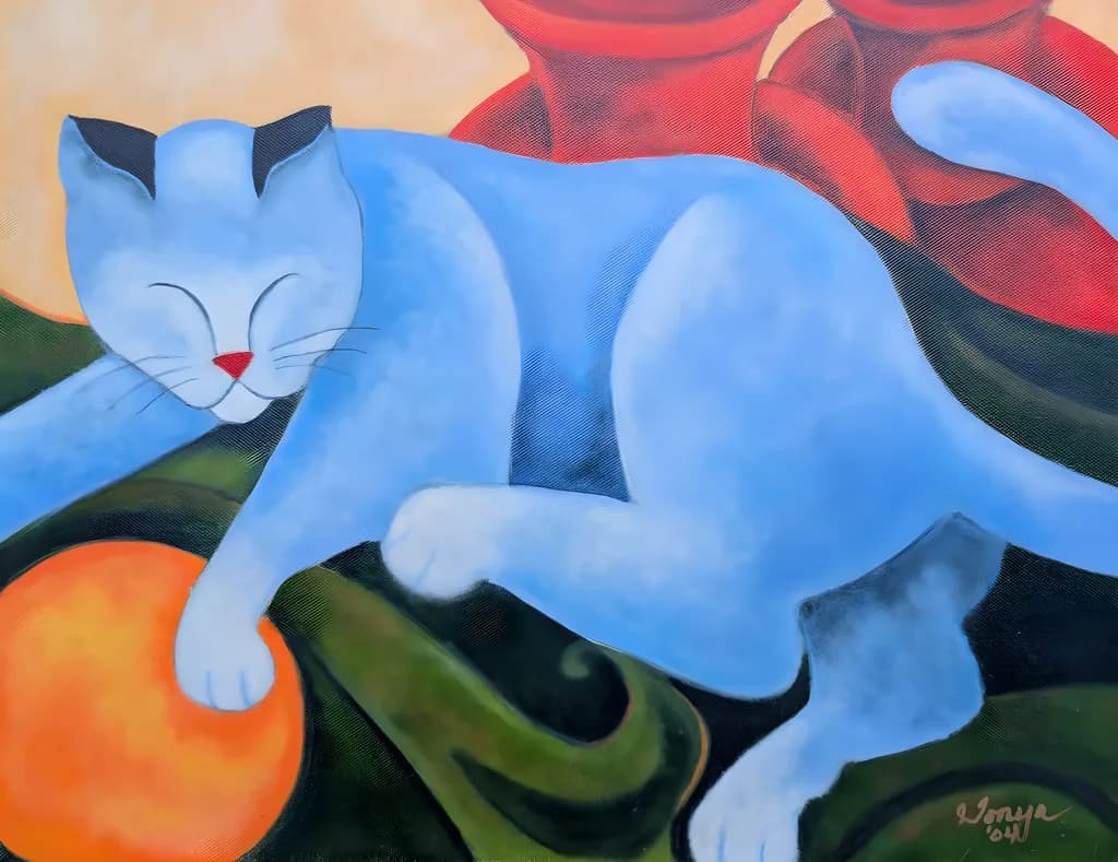 Whimsical Blue Cat: A Playful Dance with Color and Form