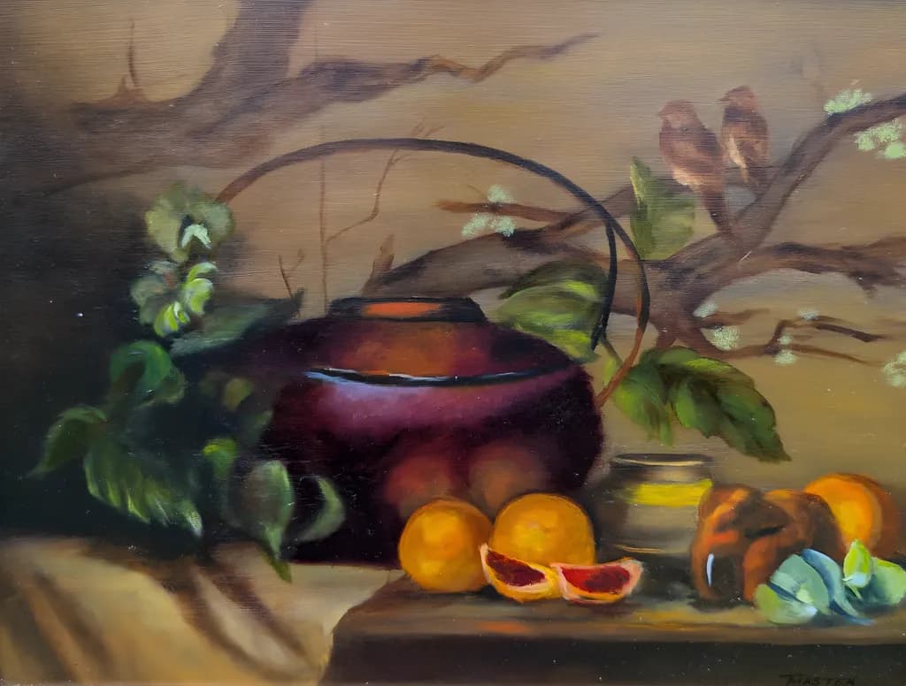 Vibrant Harmony: A Rustic Still Life of Fruit and Pottery