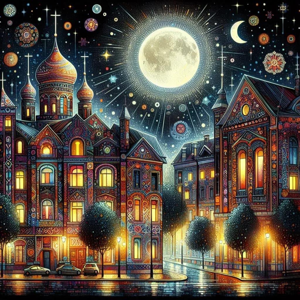 Whimsical Nightscape: Illuminated Architecture Under a Cosmic Moon
