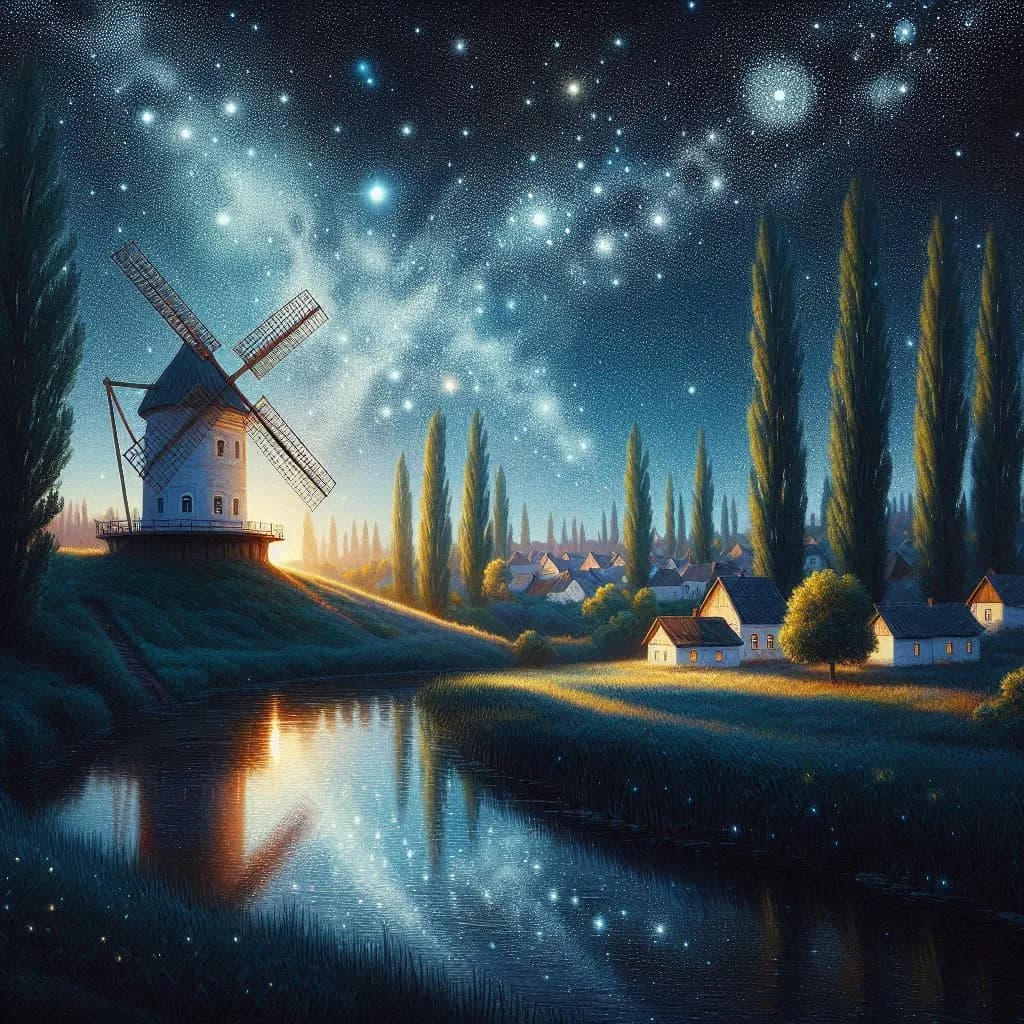 Whispers of the Night: A Serene Windmill Under a Starry Sky