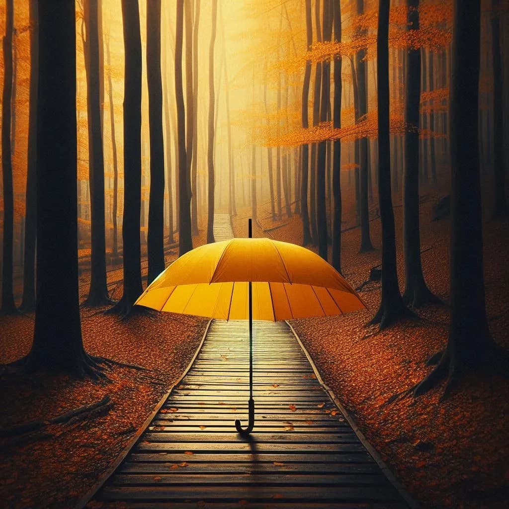 Golden Umbrella in Autumn's Embrace: A Serene Forest Pathway
