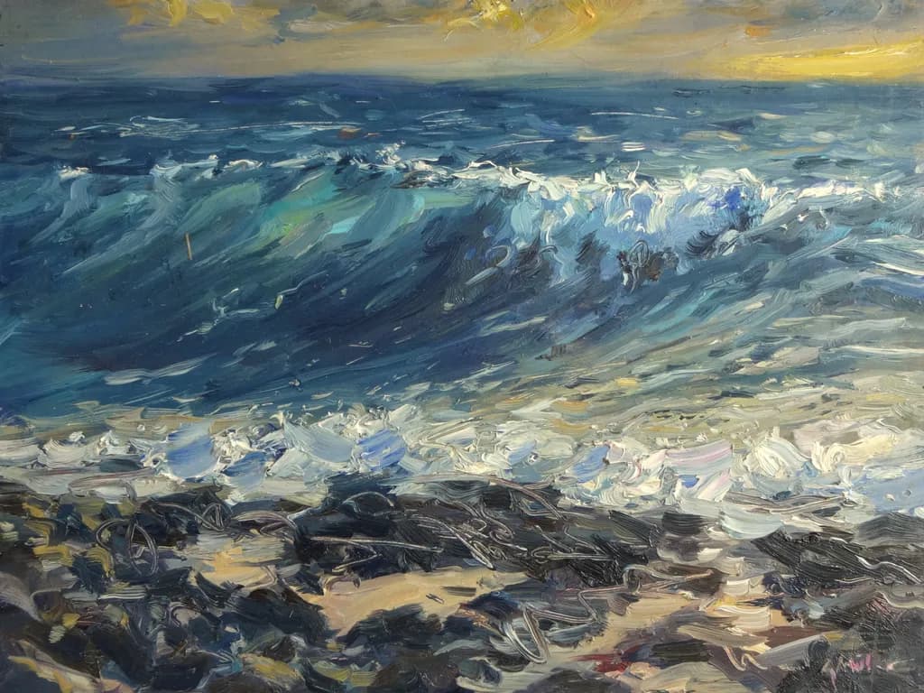 Ocean's Embrace: A Vibrant Sunset Seascape with Textured Waves and Tranquil Blues