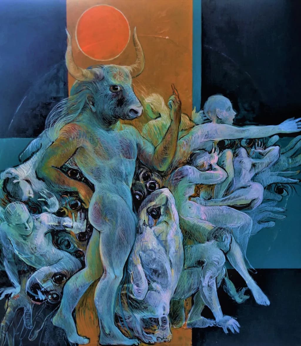 Ethereal Struggles: The Dance of Humanity and Myth in a Surreal Landscape