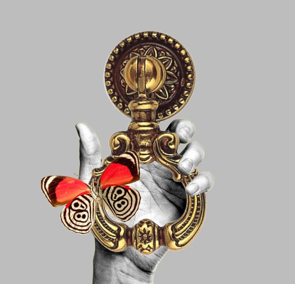 Whispers of Transformation: A Hand, a Door Knocker, and the Dance of a Butterfly
