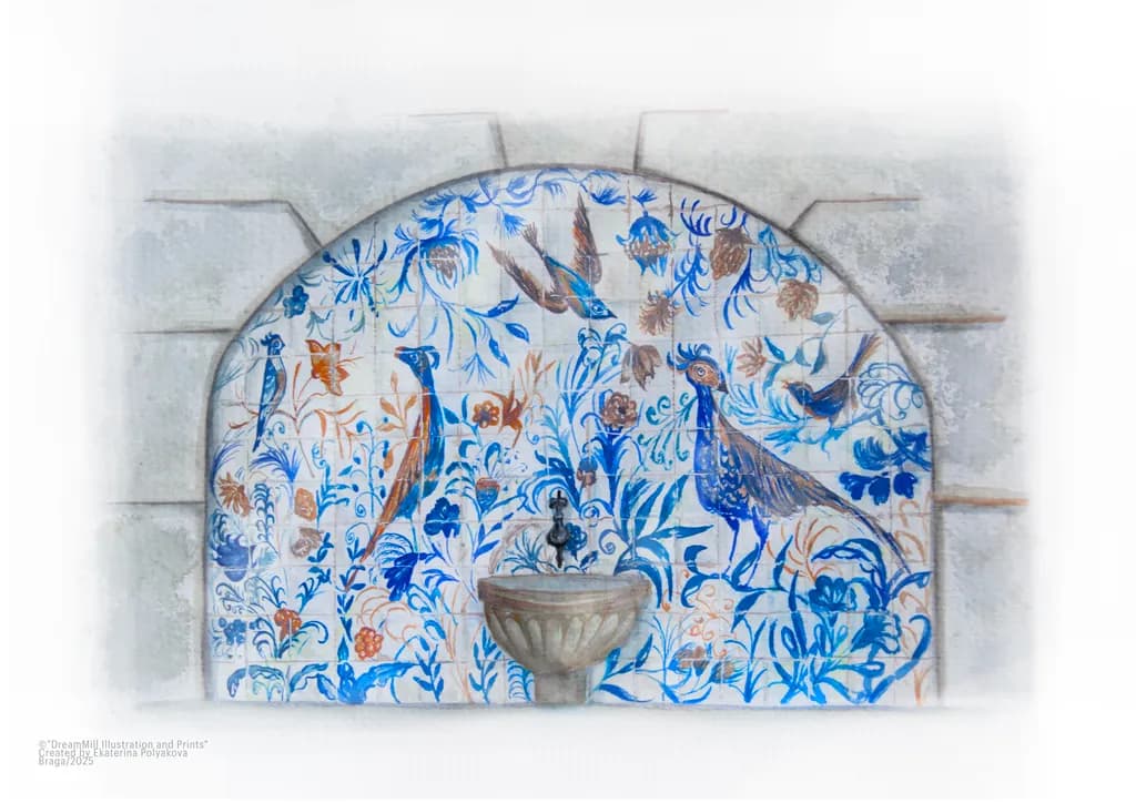 Whispers of Blue: A Decorative Fountain Adorned with Floral Birds and Tiles