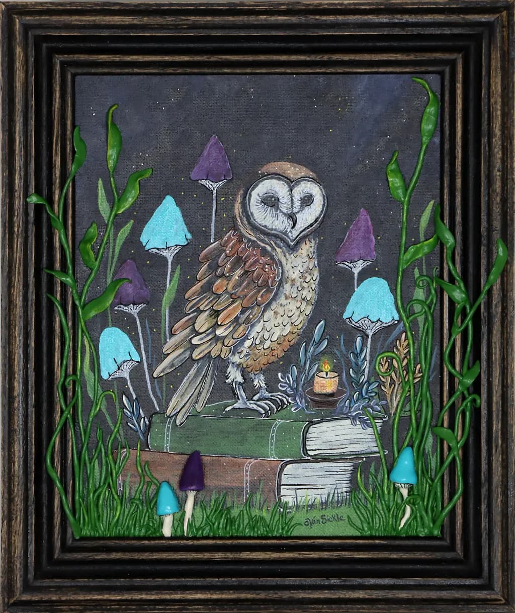 Whimsical Wisdom: An Enchanted Owl Amidst Mystical Mushrooms and Books