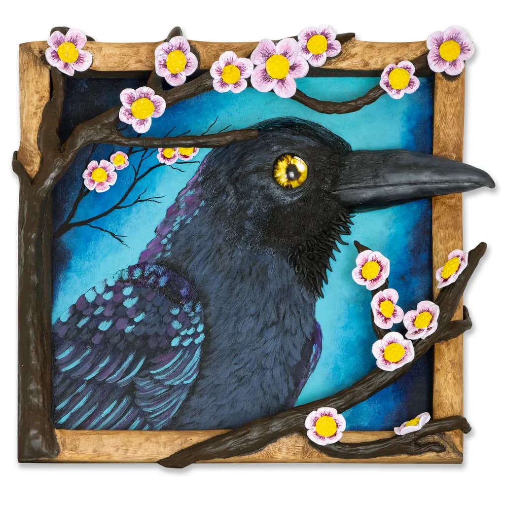 Whimsical Raven: A Fusion of Nature and Artistry with Blossoming Branches