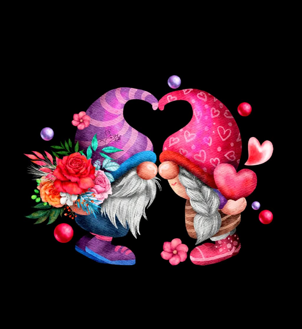 Gnome Love: A Whimsical Embrace of Hearts and Flowers