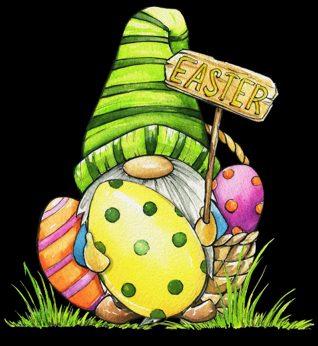 Easter Gnome: Whimsical Springtime Cheer with Colorful Eggs and a Friendly Sign